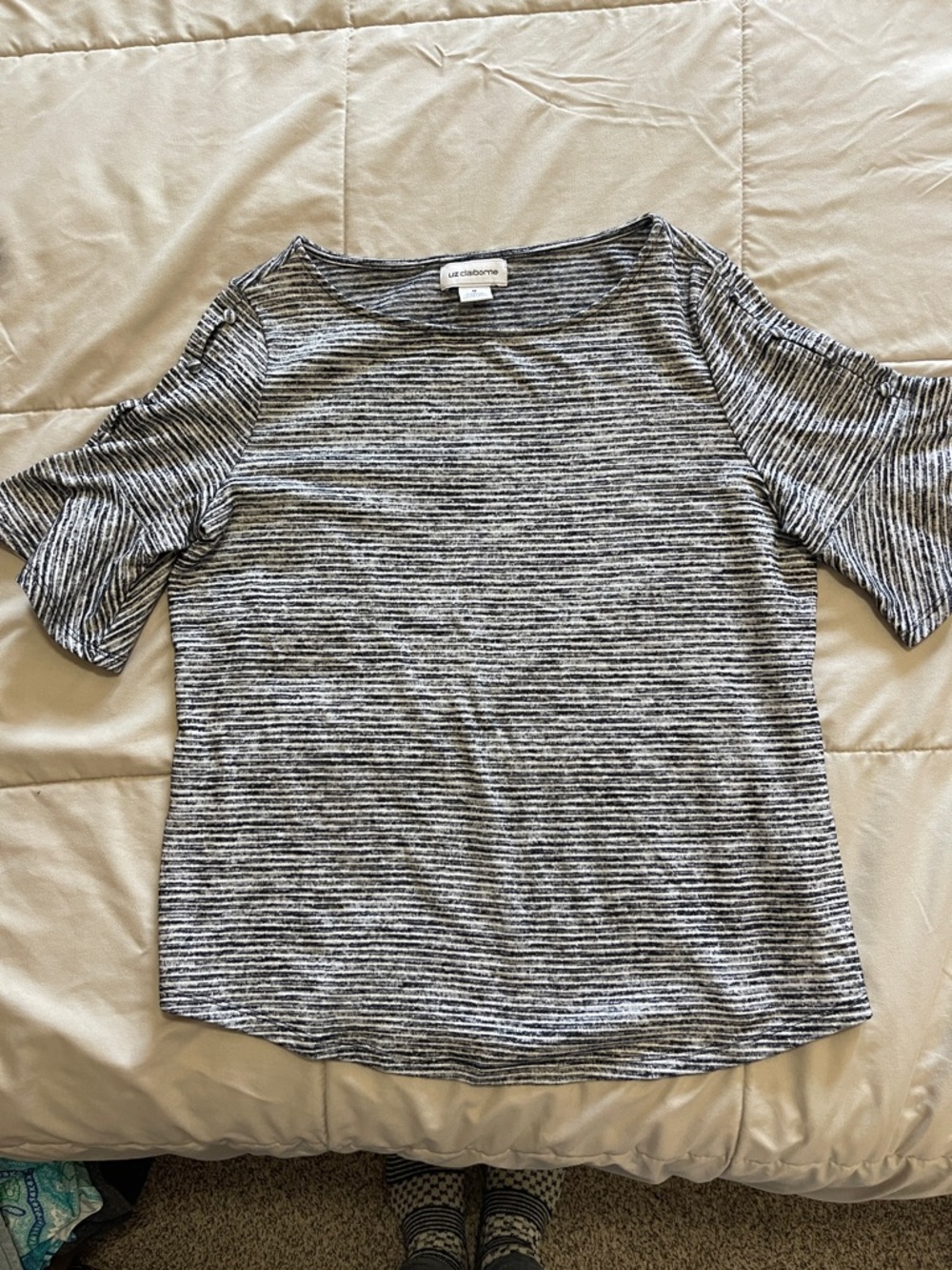 Liz Claiborne Black and White Striped Short Sleeve Tee